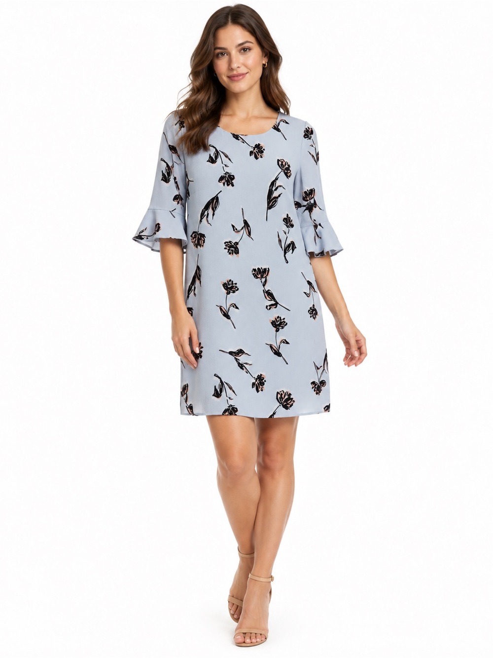 C&E Blue Floral Bell Sleeve Shift Dress Size Small EUC